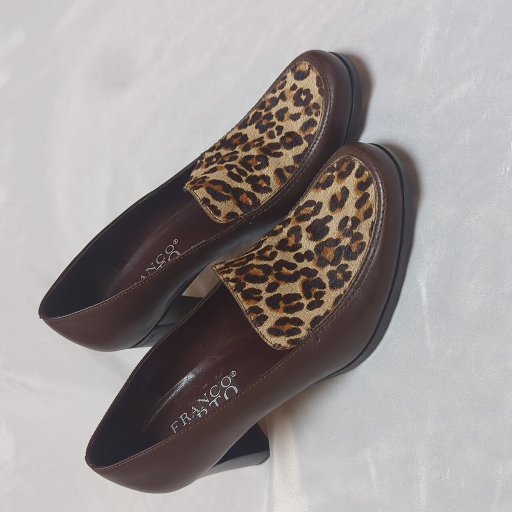 Franco Sarto Leopard Calf Hair Brown Leather Block Heeled Pumps Size 7